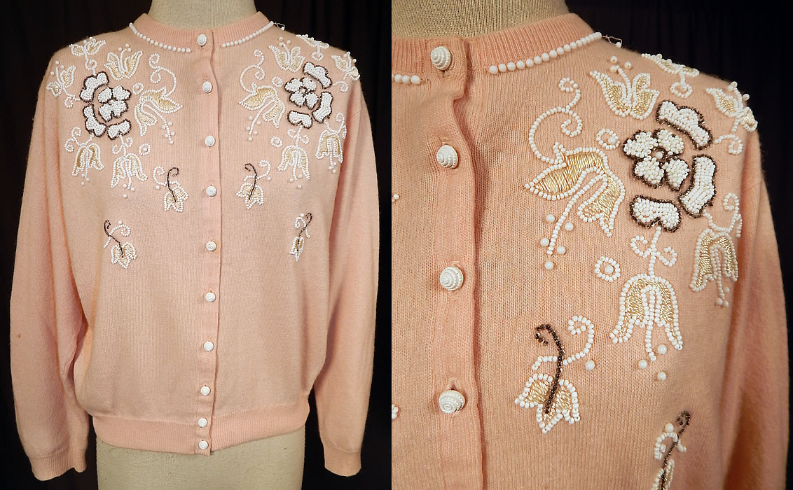 Vintage Pringle of Scotland Pink Cashmere White Beaded Cardigan Sweater
This vintage Pringle of Scotland pink cashmere white beaded cardigan sweater dates from the 1950s.