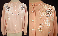 Vintage Pringle of Scotland Pink Cashmere White Beaded Cardigan Sweater
