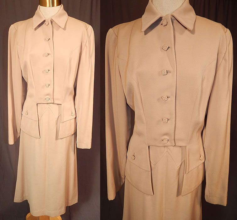 Vintage Susan Garber Originals Beige Gabardine Suit Jacket Pencil Skirt
This vintage Susan Garber Originals beige gabardine suit jacket, pencil skirt dates from the 1940s. It is made of a pale brownish yellowish beige color gabardine fine wool fabric. 