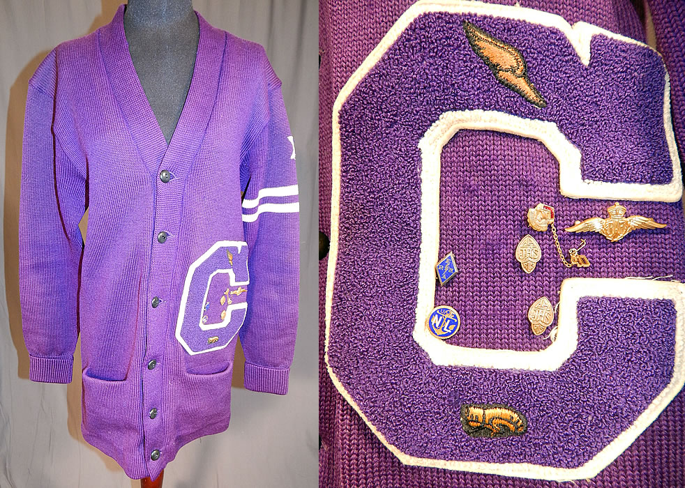 Vintage Albion Knitting Mills Award Sportswear Letterman School Sweater
This vintage Albion Knitting Mills Award sportswear letterman school sweater dates from 1940. It is made of a dark purple color 100% wool knit fabric. There are a variety of school pins still attached, including one dated 1940.
