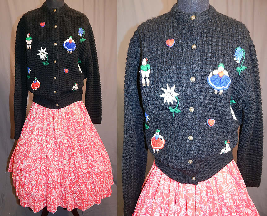 Vintage Austria Hand Embroidered Knit Cardigan Sweater & Novelty Print Circle Skirt
This vintage Austria hand embroidered knit cardigan sweater and novelty print circle skirt dates from the 1950s. The sweater is made of a black wool knit fabric, with hand embroidered Austrian folk costume figures, edelweiss flower and heart designs.