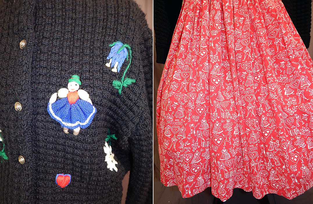 Vintage Austria Hand Embroidered Knit Cardigan Sweater & Novelty Print Circle Skirt
This stunning cardigan sweater has a ribbed trim neck. cuffs and waistband, gold buttons down the front for closure and is unlined. 