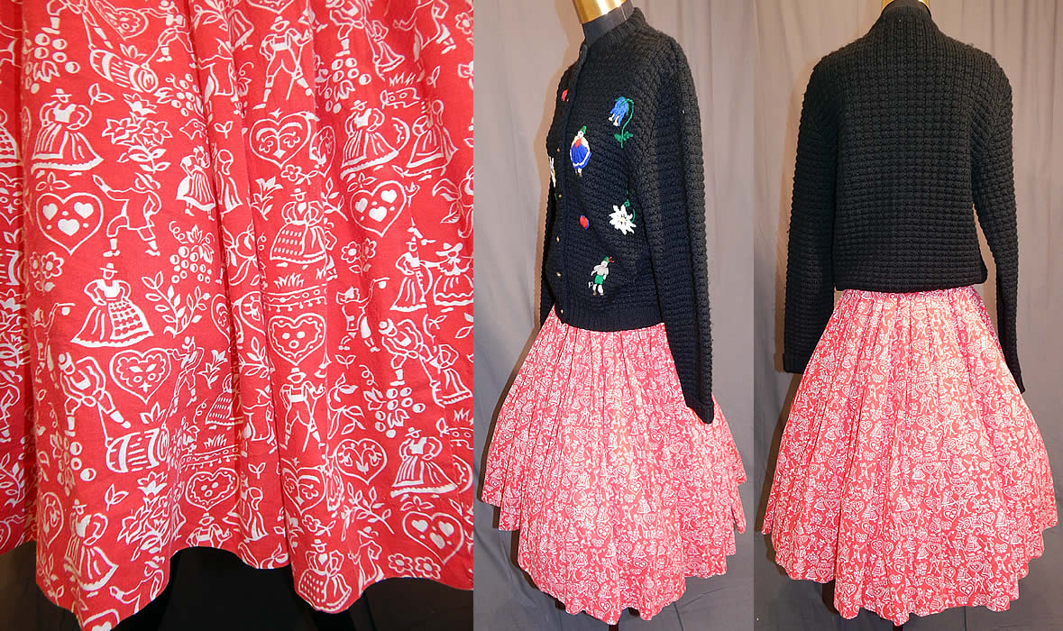 Vintage Austria Hand Embroidered Knit Cardigan Sweater & Novelty Print Circle Skirt
Included in is a red and white cotton novelty print skirt with matching Austrian folk costumed people and hearts design. The full circle skirt, has a side zipper, button waistband closure, is unlined and has a "Gale & Gale by Modern Jr." label sewn inside. It measures 27 inches long, with a 26 inch waist. Both are in excellent condition. This is truly a wonderful piece of wearable Austrian folk art! 