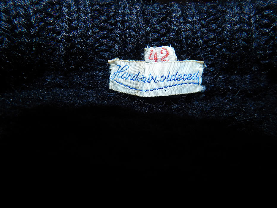 Vintage Austria Hand Embroidered Knit Cardigan Sweater & Novelty Print Circle Skirt
There is an "Hand Embroidered" size 42 label sewn inside. The sweater measures 24 inches long, with a 30 inch waist, 40 inch bust and 22 inch long sleeves. 