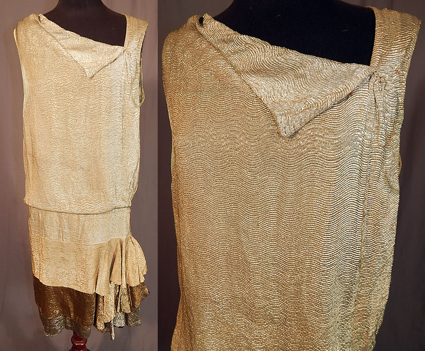 Vintage Moir Grant Art Deco Tricolor Gold Lam&eacute; Lame Drop Waist Flapper Dress
This vintage Moir Grant Art Deco tricolor gold lam&eacute; drop waist flapper dress dates from the 1920s. It is made of a tricolor gold, copper, silver metallic silk lam&eacute; fabric with a textured, raised wavy pattern design. 