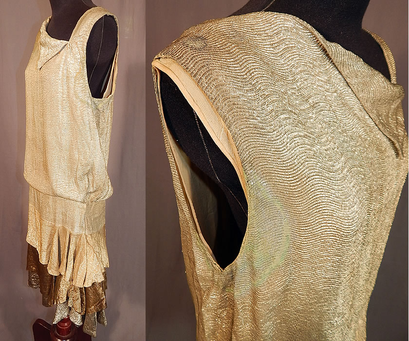 Vintage Moir Grant Art Deco Tricolor Gold Lam&eacute; Lame Drop Waist Flapper Dress
This fabulous flapper style drop waist dress is loose fitting, sleeveless, with an asymmetrical neckline, layered tiered ruffle short skirt with side gathering drape and is silk lined. 