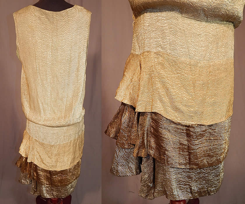 Vintage Moir Grant Art Deco Tricolor Gold Lam&eacute; Lame Drop Waist Flapper Dress
The dress measures 36 inches long, with a 30 inch waist and 36 inch bust. It is in good as-is condition, with some staining, frayed holes on the inside silk lining and some discoloration staining under the arms and one spot on the shoulder (see close-up). This is truly a wonderful piece of Art Deco wearable textile art! 