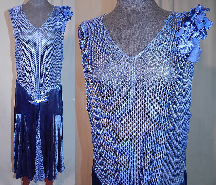 Vintage Art Deco Blue Silk Velvet Mesh Top Rhinestone Butterfly Buckle Flapper Dress
This vintage Art Deco blue silk velvet mesh top rhinestone butterfly buckle flapper dress dates from the 1920s. It is made of a dark navy blue color with a sheer silk mesh net fabric top, silk velvet skirt and rosette flower trim on the shoulder. 