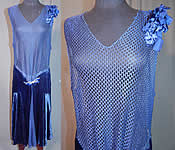 Vintage Art Deco Blue Silk Velvet Mesh Top Rhinestone Butterfly Buckle Flapper Dress
