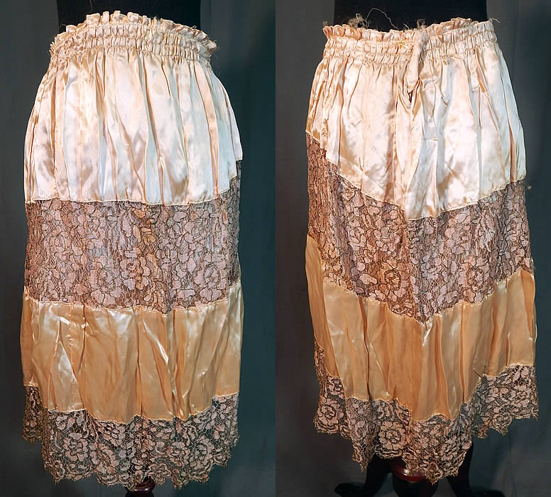 Vintage Pink Silk Gold Lam&eacute; Lame Lace Floral Flapper Skirt Dress Fabric
This vintage pink silk gold lam&eacute; lace floral flapper skirt dress fabric dates from the 1920s. It is made of a pink pastel silk satin fabric with woven gold metallic thread pink lace floral pattern trim inserts.