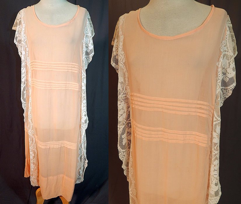 Vintage Pleated Peach Cotton Batiste Filet Lace Ruffle Trim Drop Waist Chemise Dress
This vintage pleated peach cotton batiste filet lace ruffle trim drop waist chemise dress dates from the 1920s. It is made of a peach pastel fine cotton batiste fabric with pleating and white filet lace ruffle trim along the sides.