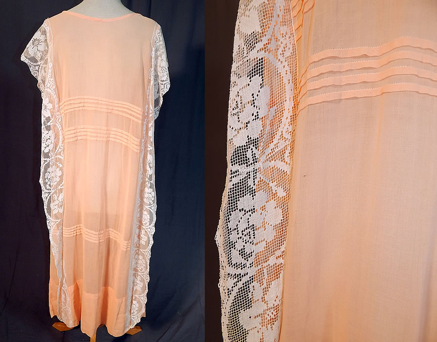 Vintage Pleated Peach Cotton Batiste Filet Lace Ruffle Trim Drop Waist Chemise Dress
The dress is a large size measuring 46 inches long, with 42 inch hips, a 42 inch waist and 42 inch bust. It is in good condition, with only a tiny frayed break in the filet lace ruffle (see close-up). This is truly a wonderful piece of wearable art!