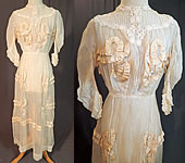 Edwardian White Cotton Muslin Lace Silk Ribbon Ruched Ruffle Trim Wedding Dress
