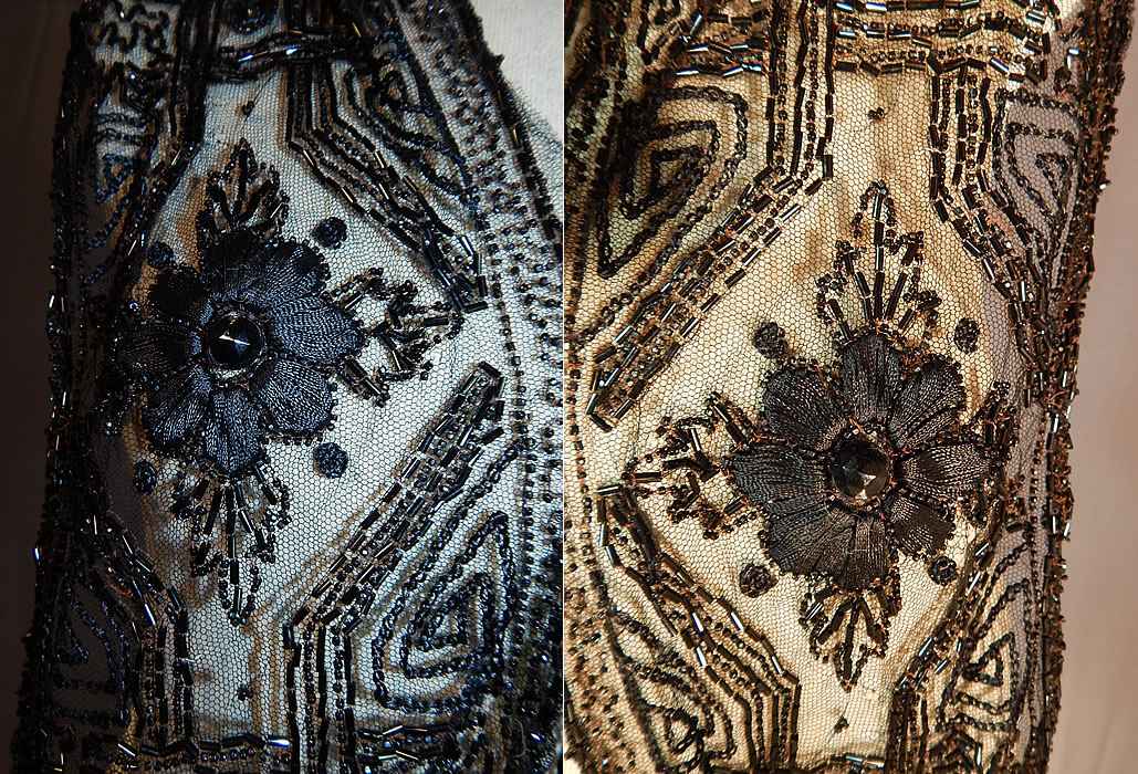 Edwardian Black Net Silk Embroidered Beaded Dress Trim Shawl Collar
There is black jet beaded fringe trim hanging down from the back. This stunning shawl collar sash dress trim has uneven unfinished ends.