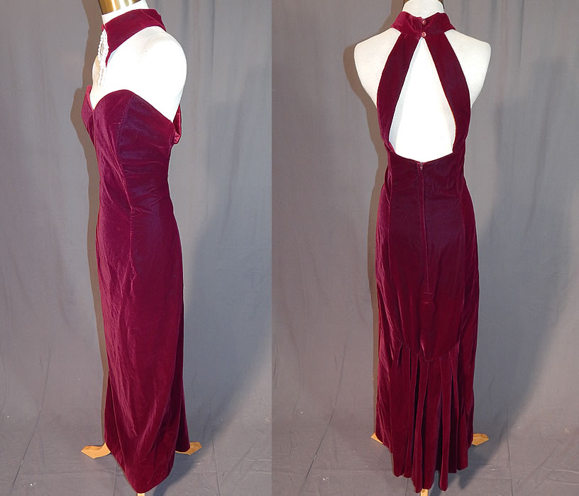 Vintage Scott McClintock Burgundy Red Velvet Jeweled Sexy Sheath Dress Evening Gown
This gorgeous gown has a fitted sexy sheath style, with a long floor length pleated back bottom mermaid skirt, strapless sweetheart neckline, with jeweled pearl choker collar, racer back straps, button neck, back zipper closure and is fully lined with stays boning inside the bodice.
