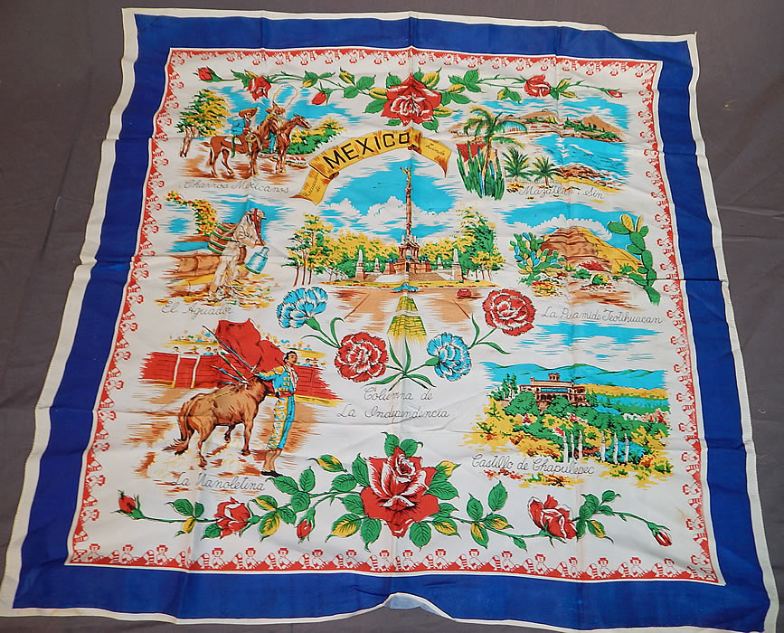 Vintage Souvenir Mexico Silk Screen Novelty Print Large Rayon Scarf
This vintage souvenir Mexico silk screen novelty print large rayon scarf dates from the 1950s. It is made of a silk rayon fabric, with a vibrant colorful silk screen novelty print design of scenic tourist areas in Mexico and glitter highlight outlining accents.