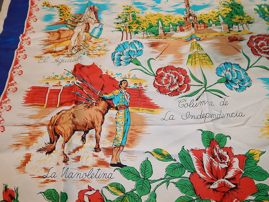 Vintage Souvenir Mexico Silk Screen Novelty Print Large Rayon Scarf
This sensational souvenir scarf from Mexico has a blue and white outer border and red Aztec Mayan figure border inside, with colorful pictorial scenes, roses and carnation flowers in the center. 