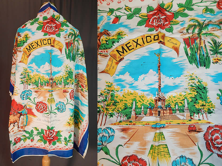 Vintage Souvenir Mexico Silk Screen Novelty Print Large Rayon Scarf
The squared scarf measures 35 by 35 inches. It is in excellent condition. This is truly is a wonderful piece of wearable Mexican textile art!