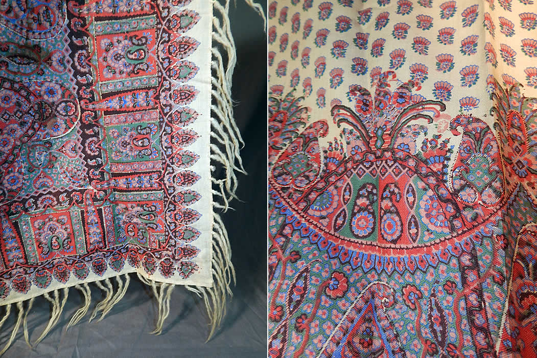 Victorian Antique Paisley Roller Print Wool Challis Fringed Shawl Scarf
This stunning shawl square measures 60 by 60 inches. It is in good condition, with only a few tiny moth nip holes and two small age spot stains on the side (see close-up). This is truly a wonderful piece of early Victoriana wearable paisley textile art!