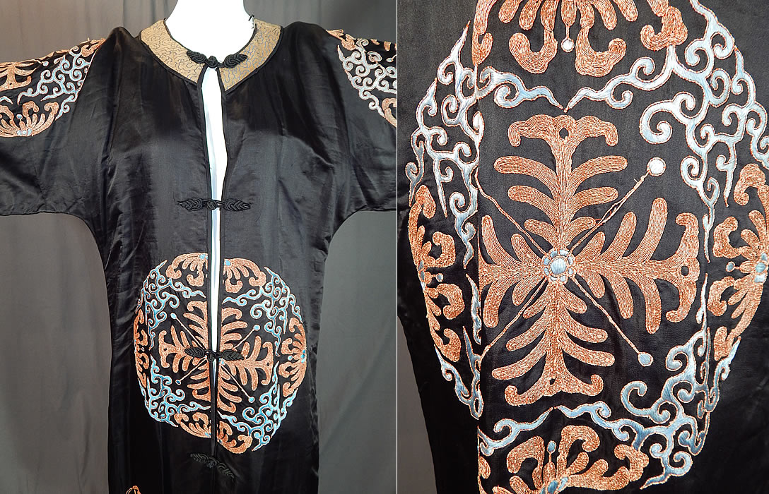 Antique Chinese Black Silk Embroidered Shou Longevity Medallion Gold Couching Coat Robe
It is in excellent condition, with only one sleeve cuff loose needing minor stitching along the seam (see close-up). This is truly a wonderful piece of antique Chinese textile art! 
