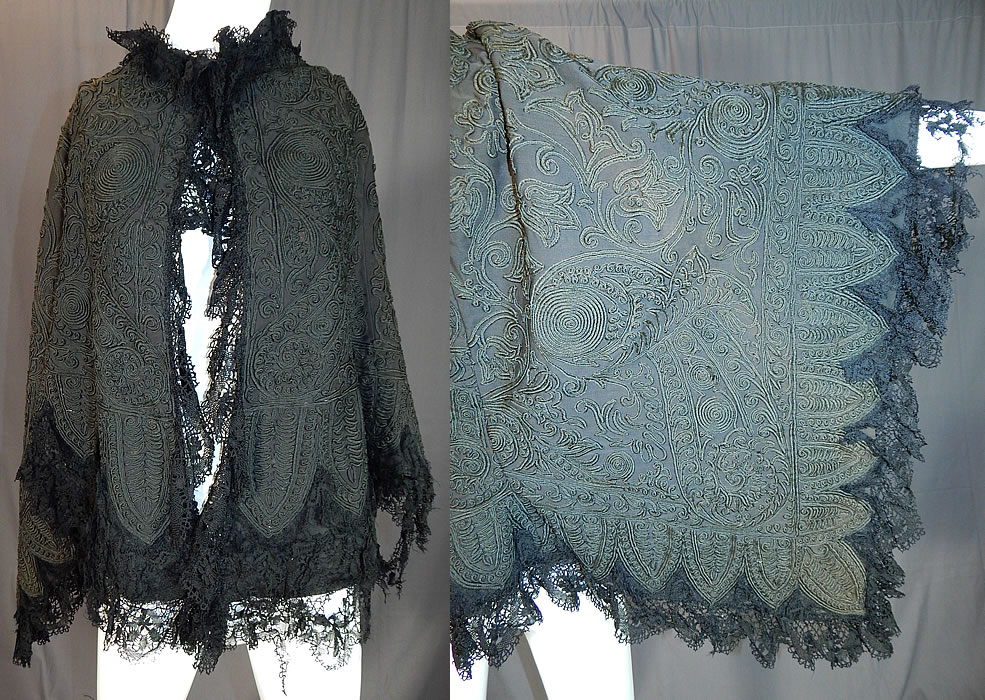 Victorian Black Wool Soutache Embroidery Work Lace Dolman Mantle Cape
This antique Victorian era black wool soutache embroidery work lace dolman mantle cape dates from 1880.