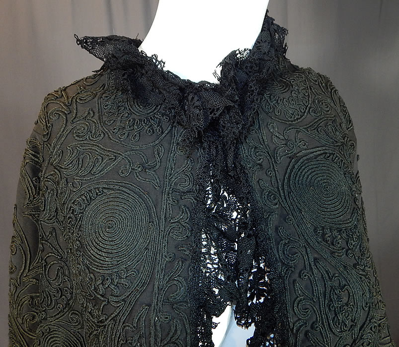 Victorian Black Wool Soutache Embroidery Work Lace Dolman Mantle Cape
It is made of a fine black wool fabric, covered with black silk soutache embroidery work raised braided rope done in a decorative boteh paisley spiral floral design and black cluny bobbin lace trim edging. 