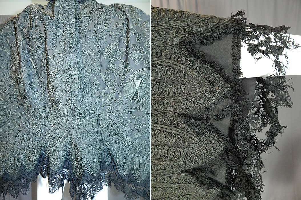 Victorian Black Wool Soutache Embroidery Work Lace Dolman Mantle Cape
The mantle measures 24 inches long, 17 inches wide across the back shoulders, with a 16 inch neck. It is in good as-is condition, with some slight faint fade discoloration in areas and frayed breaks in the lace trim edging. 