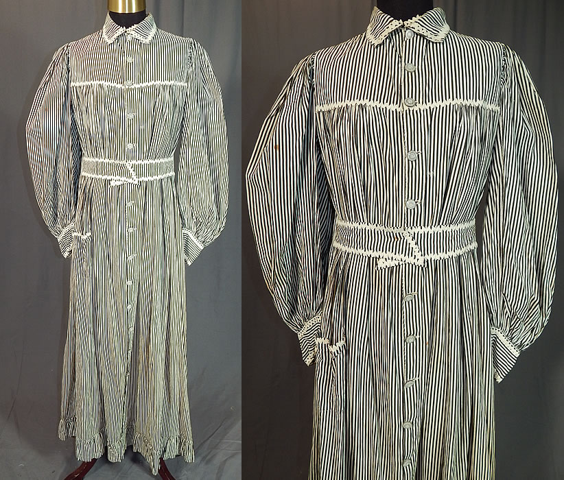 Victorian Black & White Striped Cotton Calico Belted Morning Wrapper Workwear Dress
This antique Victorian era black and white striped cotton calico belted morning wrapper workwear dress dates from 1890. It is made of a black and white striped cotton calico fabric which has a slight strobe effect, with white rick rack trim accents.
