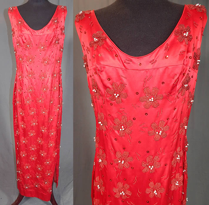 Vintage Red Silk Satin Sequin Pearl Beaded Pinup Wiggle Sheath Dress Evening Gown
This vintage red silk satin sequin pearl beaded pinup wiggle sheath dress evening gown dates from the late 1950s. It is made of bright radiant red color silk satin fabric with red sequin, beads and pearls in a flower design completely covering it.