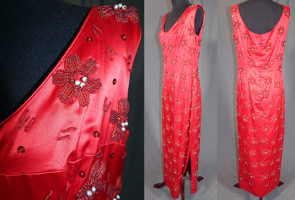Vintage Red Silk Satin Sequin Pearl Beaded Pinup Wiggle Sheath Dress Evening Gown
This retro red rockabilly pinup evening gown has a fitted wiggle sexy sheath style, is a long floor length with side slit skirt, sleeveless top with low rounded scoop necklines, a back zipper closure and is fully lined. 