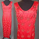 Vintage Red Silk Satin Sequin Pearl Beaded Pinup Wiggle Sheath Dress Evening Gown
