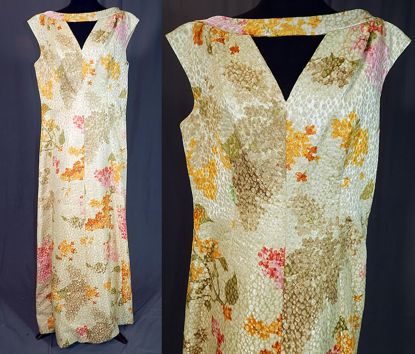 Vintage Tissu Staron Paris Label Gold Lam&eacute; Lame Brocade Evening Gown Maxi Dress
This vintage Tissu Staron Paris label gold lam&eacute; brocade evening gown maxi dress dates from the 1960s. It is made of a heavy quality silk brocade gold and silver metallic lam&eacute; fabric with an abstract floral leaf pastel silk moir&eacute; watercolor print pattern.