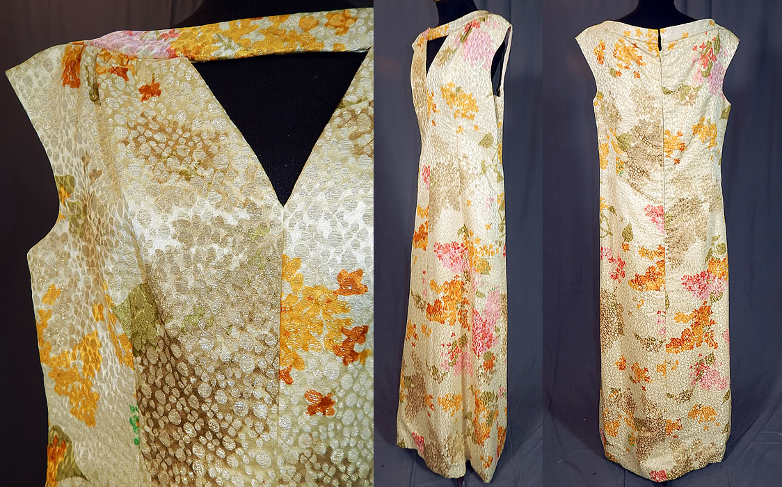 Vintage Tissu Staron Paris Label Gold Lam&eacute; Lame Brocade Evening Gown Maxi Dress
This elegant evening gown floor length designer dress is sleeveless, with a cutout key hole triangle shape neckline, back zipper closure and is fully lined.