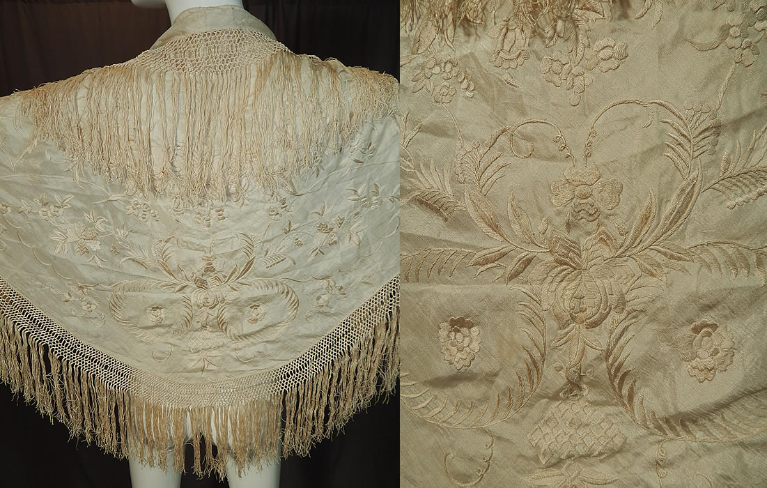 Antique Edwardian Cream Silk Embroidered Fringe Piano Shawl Wedding Cape
This beautiful bridal wedding shawl scarf cape has hand knotted macram&eacute; cream silk fringe trim edging, measuring 8 inches long and Canton Manton hand done embroidery work.