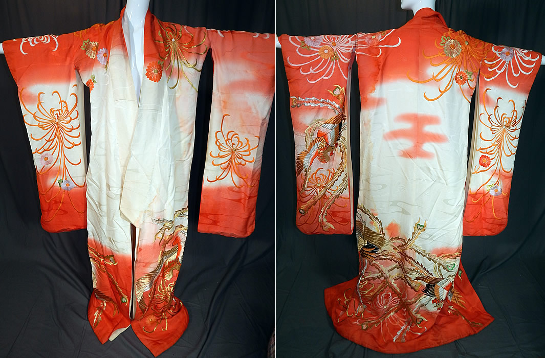 Vintage Japanese Peacock Red Silk Gold Embroidered Uchikake Wedding Kimono
This vintage Japanese peacock red silk gold embroidered uchikake wedding kimono dates from during the Showa period in the 1950s. The kimono measures 72 inches long, with 40 inch long sleeves and a 48 inch waist and bust.