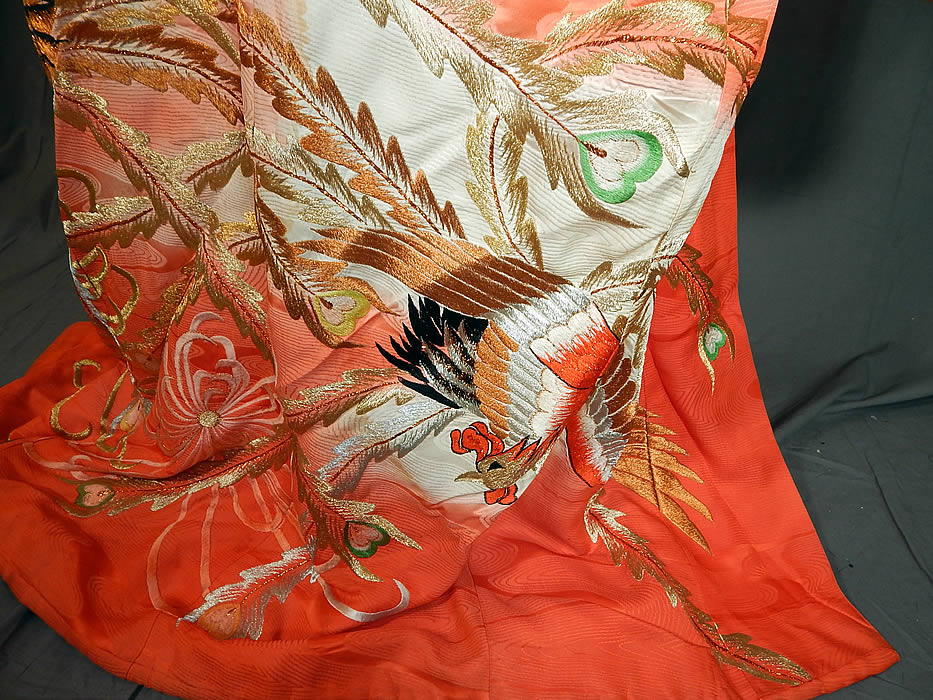 Vintage Japanese Peacock Red Silk Gold Embroidered Uchikake Wedding Kimono
The peacock is a symbol of integrity, love and beauty. This magnificent unique uchikake kimono would have been worn by the bride at a traditional Japanese wedding ceremony. 