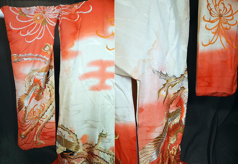 Vintage Japanese Peacock Red Silk Gold Embroidered Uchikake Wedding Kimono
It is fully lined, with an open front, no closure, long swinging kimono sleeves and a large rolled padded bottom hem.