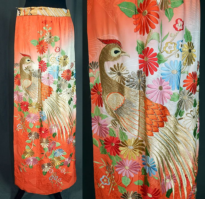 Vintage Japanese Uchikake Wedding Kimono Gold Embroidered Peacock Wrap Maxi Skirt
This vintage Japanese uchikake wedding kimono gold embroidered peacock wrap maxi skirt dates from the 1960s. It is made of a white watered moire silk and reddish orange ombre damask fabric, with a colorful silk and gold metallic thread raised padded satin stitch embroidered Japanese chrysanthemum flowers and peacock bird design.