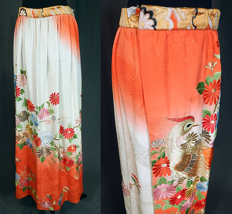 Vintage Japanese Uchikake Wedding Kimono Gold Embroidered Peacock Wrap Maxi Skirt
The peacock is a symbol of integrity, love and beauty. This magnificent unique uchikake wedding kimono fabric has been recreated into a long floor length maxi skirt with a wrap around style, no closure and is fully lined. The skirt measures 39 inches long and 36 inches wide. It is in excellent condition, but needs closure added to the waistband. This is a truly a wonderful piece of wearable Japanese textile art! 