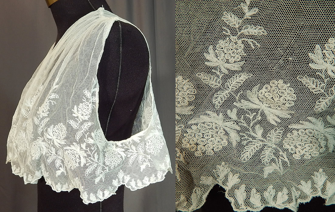 Edwardian White Tambour Embroidery Lace Net Bolero Jacket Sleeveless Vest Crop Top
This lovely lace short cropped bolero jacket sleeveless style overdress vest top has an open front with no closure, gathered shoulders, scalloped bottom and is sheer, unlined. The top measures 10 inches long, with a 38 inch bust.