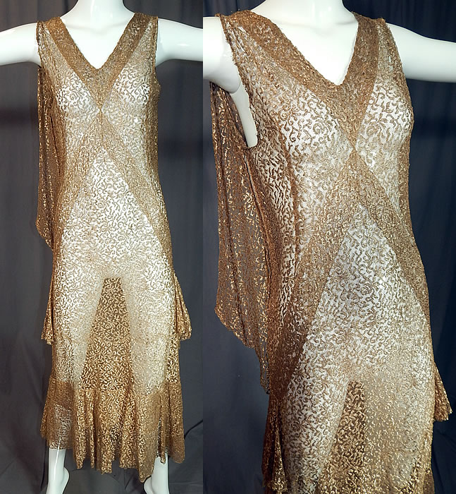 Vintage Art Deco Gold Metallic Lam&eacute; Lace Bias Cut Evening Gown Dress
This amazing Art Deco vintage gold metallic lam&eacute; lace bias cut evening gown dress dates from the 1930s. It is made of a sheer gold metallic thread lam&eacute; lace net woven floral vine leaf scrolling pattern fabric.