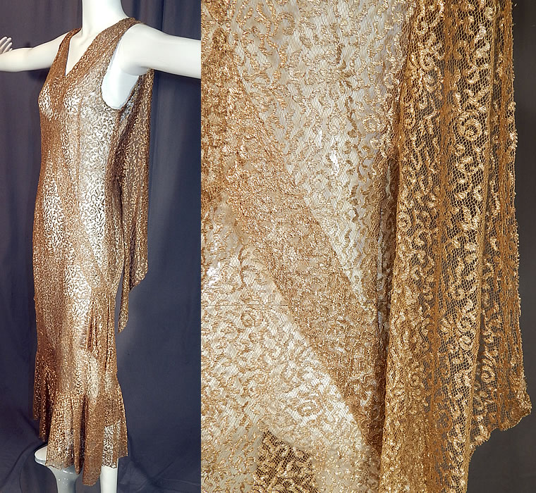 Vintage Art Deco Gold Metallic Lam&eacute; Lace Bias Cut Evening Gown Dress
The dress measures 50 inches long, with 38 inch hips, a 30 inch waist and 36 inch bust.