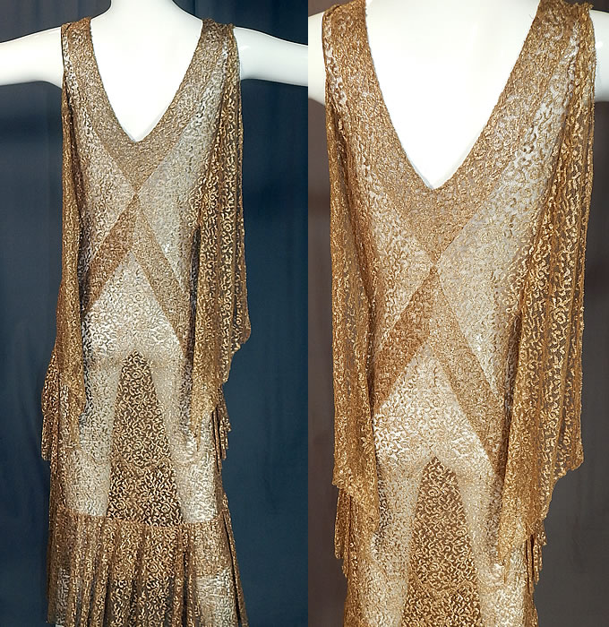 Vintage Art Deco Gold Metallic Lam&eacute; Lace Bias Cut Evening Gown Dress
This is truly a rare and exceptional piece of Art Deco wearable textile art! 