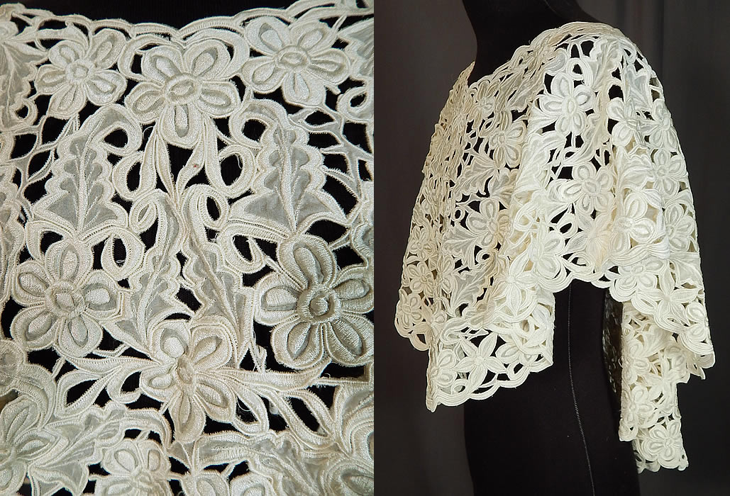 Vintage Rustan's Filipiniana Philippines White Silk Lace Cutwork Shawl Collar Cape
It is made of white silk appliqu&eacute; cutwork with embroidered outlining highlights done in a floral vine leaf design. 