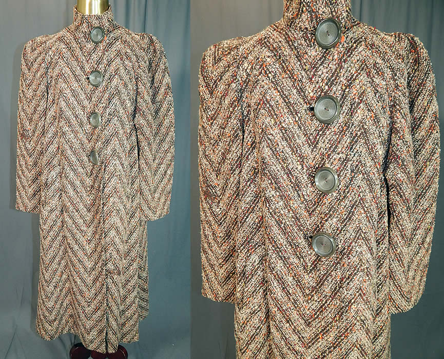 Vintage Lady Lee Evelyn Shop Chevron Stripe Tweed Knit Boucle Wool Winter Coat
This vintage Lady Lee Evelyn Shop chevron stripe tweed knit boucle wool winter coat dates from the 1930s. It is made of autumn fall tones of brown, orange and yellow tweed nubby boucle knit wool fabric, with a chevron striped pattern design.