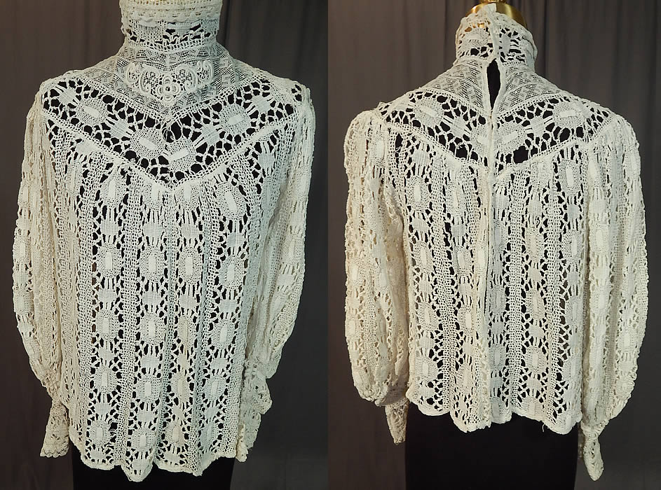Edwardian Antique White Torchon Cluny Bobbin Lace Applique Blouse Shirt Top
This antique Edwardian era white torchon cluny bobbin lace appliqu&eacute; blouse shirt top dates from 1905. It is made of a white cotton coarse strong torchon cluny bobbin lace with a geometric pattern design, connecting braided meshwork and a floral motif lace appliques on the front neckline.
