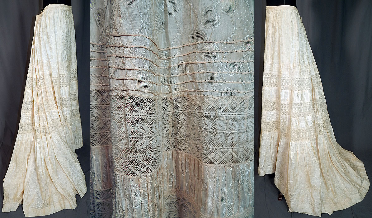 Edwardian Cream Cotton Silk Damask Drawn Cutwork Lace Wedding Skirt Train Back
This beautiful bridal wedding skirt is a long floor length, with a slight back train, fitted waistband, hook closures down the back and is fully lined with a cotton petticoat skirt dust ruffle sewn inside. 
