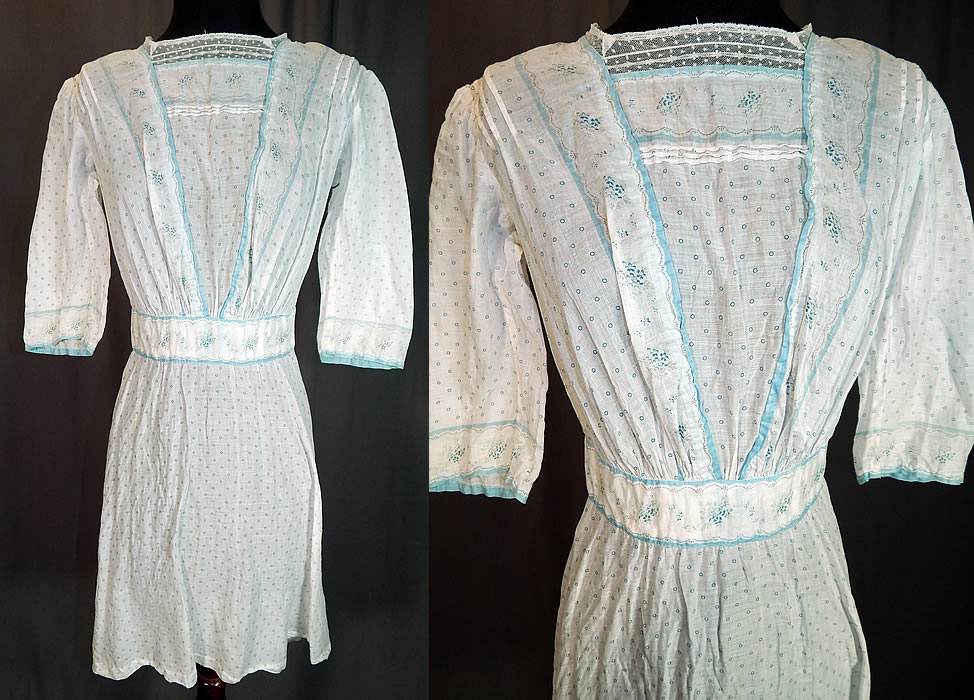 Victorian Blue & White Cotton Batiste Polka Dot Floral Calico Print Girls Dress
This antique Victorian era blue and white cotton batiste polka dot floral calico print girls dress dates from 1900. 