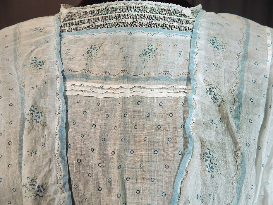 Victorian Blue & White Cotton Batiste Polka Dot Floral Calico Print Girls Dress
It is made of a sheer fine white cotton batiste fabric, with a blue polka dot and forget me not floral calico print design. 
