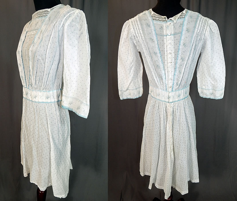 Victorian Blue & White Cotton Batiste Polka Dot Floral Calico Print Girls Dress
The dress measures 33 inches long, with a 24 inch waist, 32 inch bust and 14 inch long sleeves. 